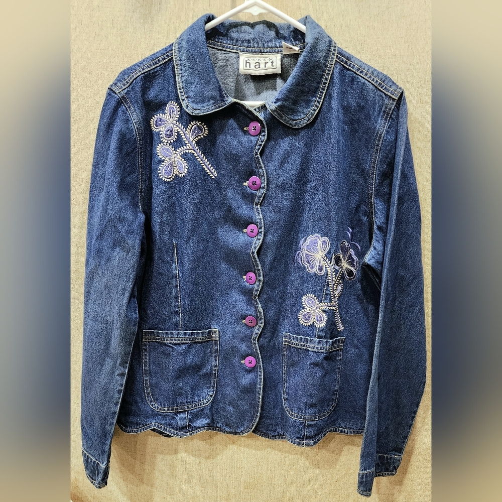 Karen Hart denim button down embroidered jacket, size XXL